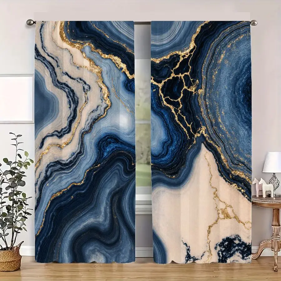 2Pcs Curtain Deep Blue Light Blue Golden Veins Window Drapes For Bedroom Living Room Decoration Window Treatment.