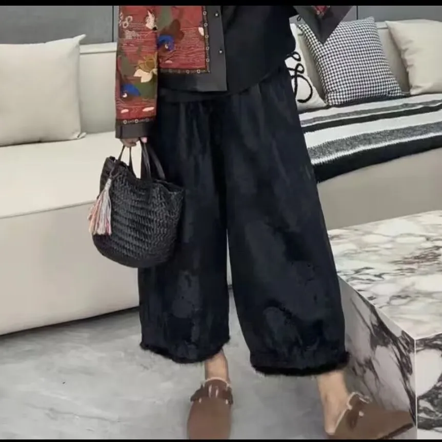 

Осенне-зимние женские повседневные брюки больших размеров 2025 года, на подкладке из искусственного меха, прямые, длиной до щиколотки, теплые хлопковые брюки для повседневной носки