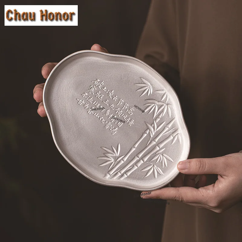 ZAEYORIA High-end Silver-plated Bamboo Pot Bearing Holder Teapots Dessert Serving Trays Dry Brew Table Tea Tray Coasters Teaware