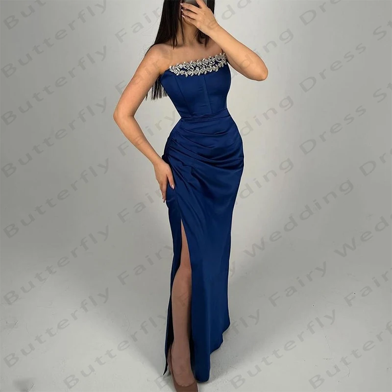 Simple Navy Blue Women's Evening Dresses Sexy Off Shoulder Crystal Bead String Princess Prom Gowns Fashionable Celebrity Party