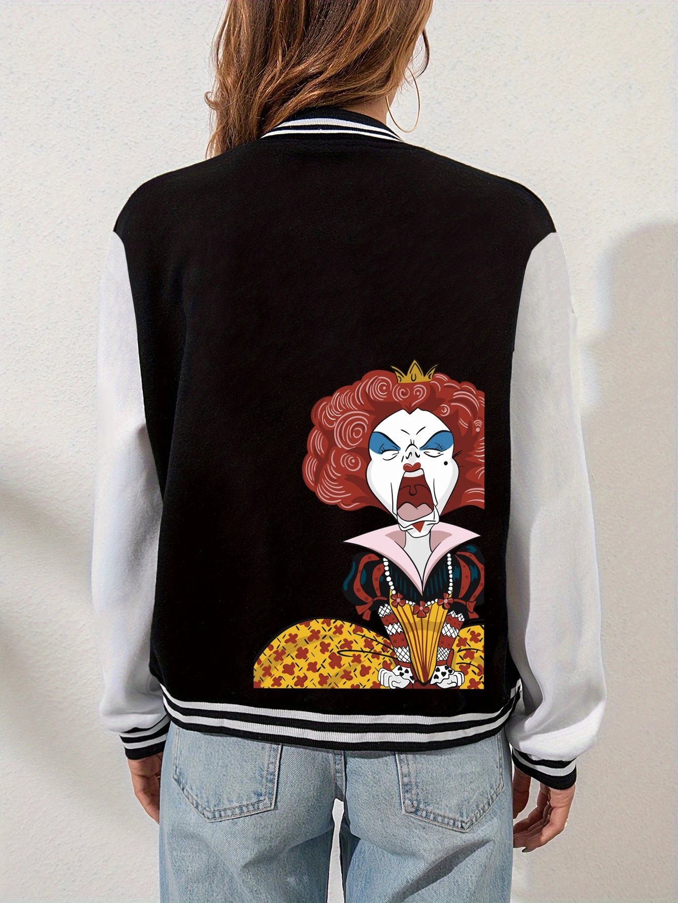 

Funny Red Queen Print Clothes Female Fashion Fleece Clothes Autumn Loose Baseball Jacket Casual Oversize Sportswear Women
