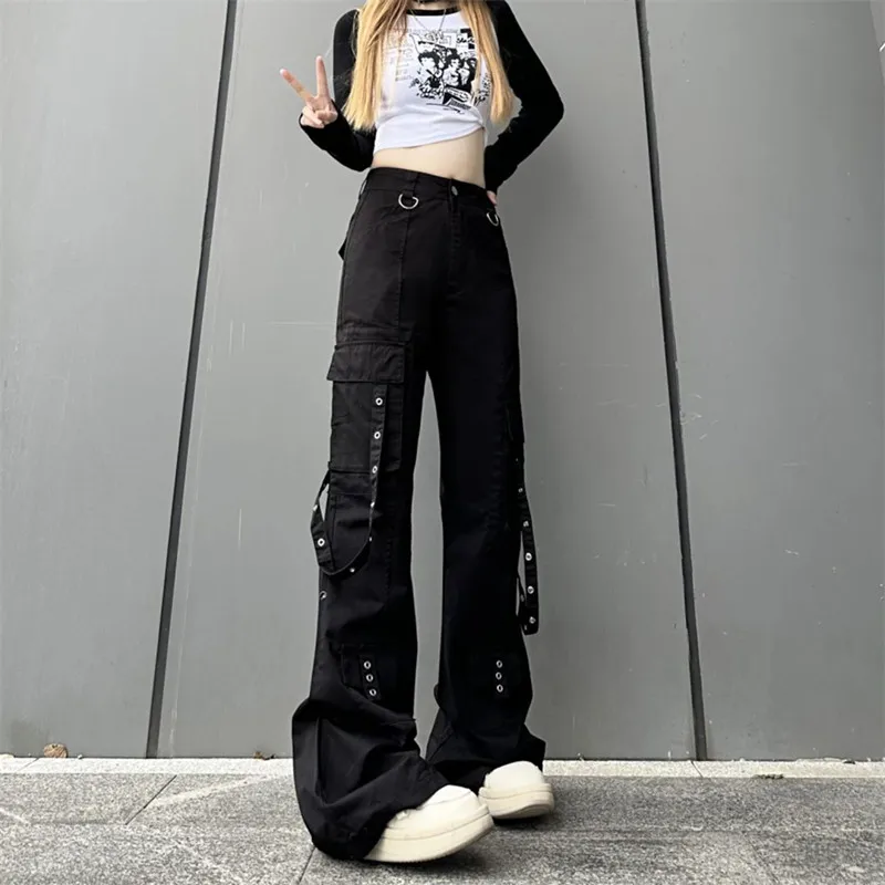 2023 Roupa Y2K Streetwear Moto Biker Black Straight Flare Cargo Jeans Pants Women Goth Clothes Harajuku Fashion Lady Trousers