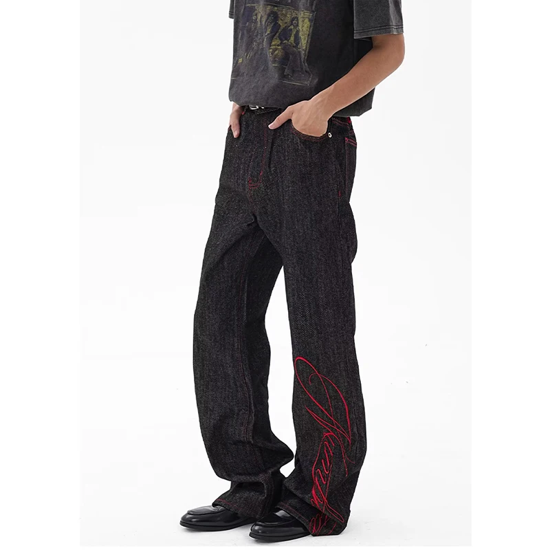 2026 Vintage Washed Black Men's Jeans Letter Embroidery Straightl Eg Denim Long Pants Fashion Autumn Winter Trousers