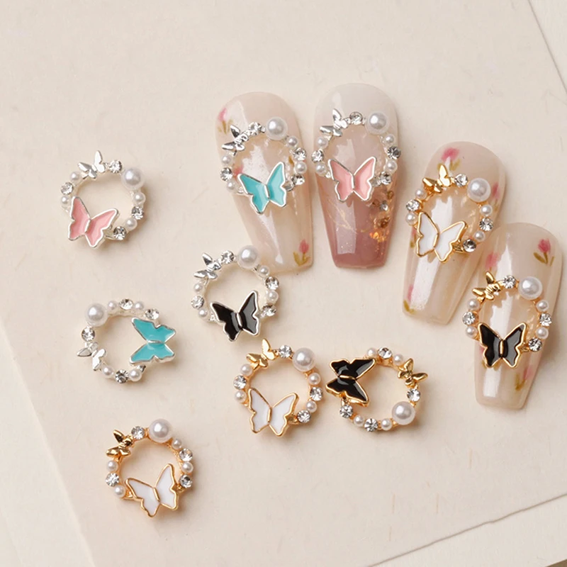 5PCS Butterfly Pearl Nail Oil Drop Alloy Jewelry Love Flower Wreath Nail Decoration Nail Salon DIY Accessories Manicure Drill