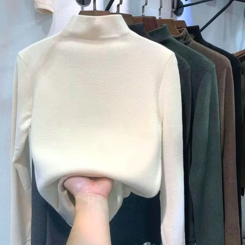 Winter Thermal T Shirt Women Slim Fit Mock Neck Base Layer Long Sleeve Top Brushed Soft Velvet Elastic Underwear Blouse