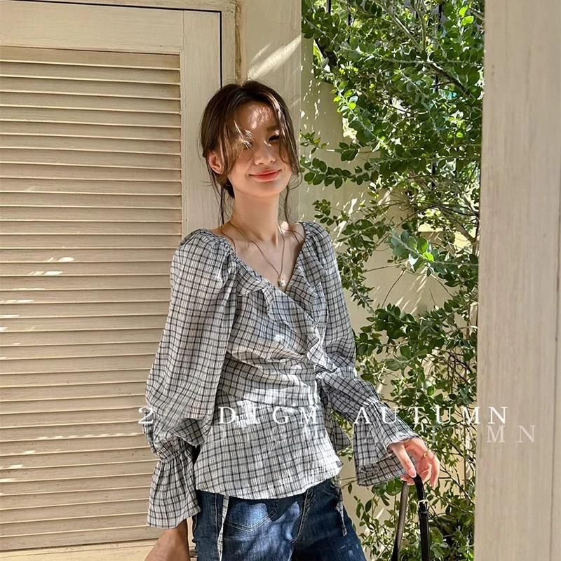 Chic Plaid Shirt Women Korean Fashion Ruffles Flare Sleeve Tops Summer New Lace up Casual Office Ladies Long Sleeve Blouse New