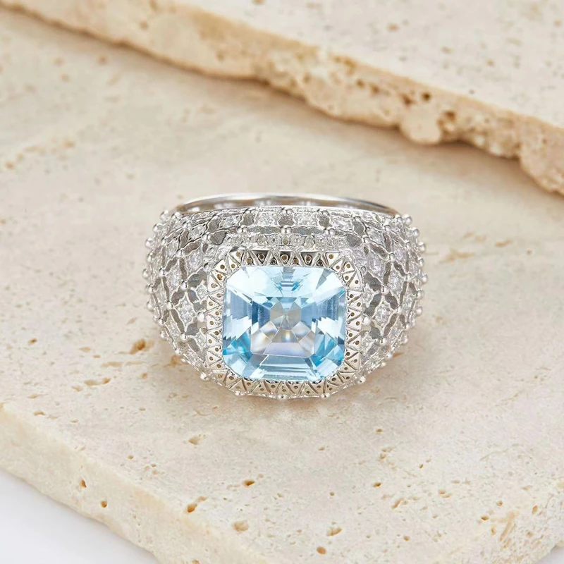 Natural Topaz 925 Sterling Silver Rings For Women Blue Stone Pave Setting Court Style Luxury Ring Fine Jewelry 2023 New Gift