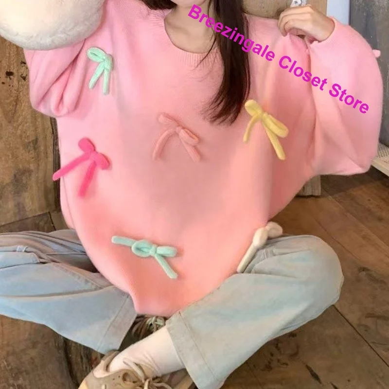 Korean three-dimensional bow pink round neck sweater women's autumn and winter new loose lazy soft waxy pullover casual sweater