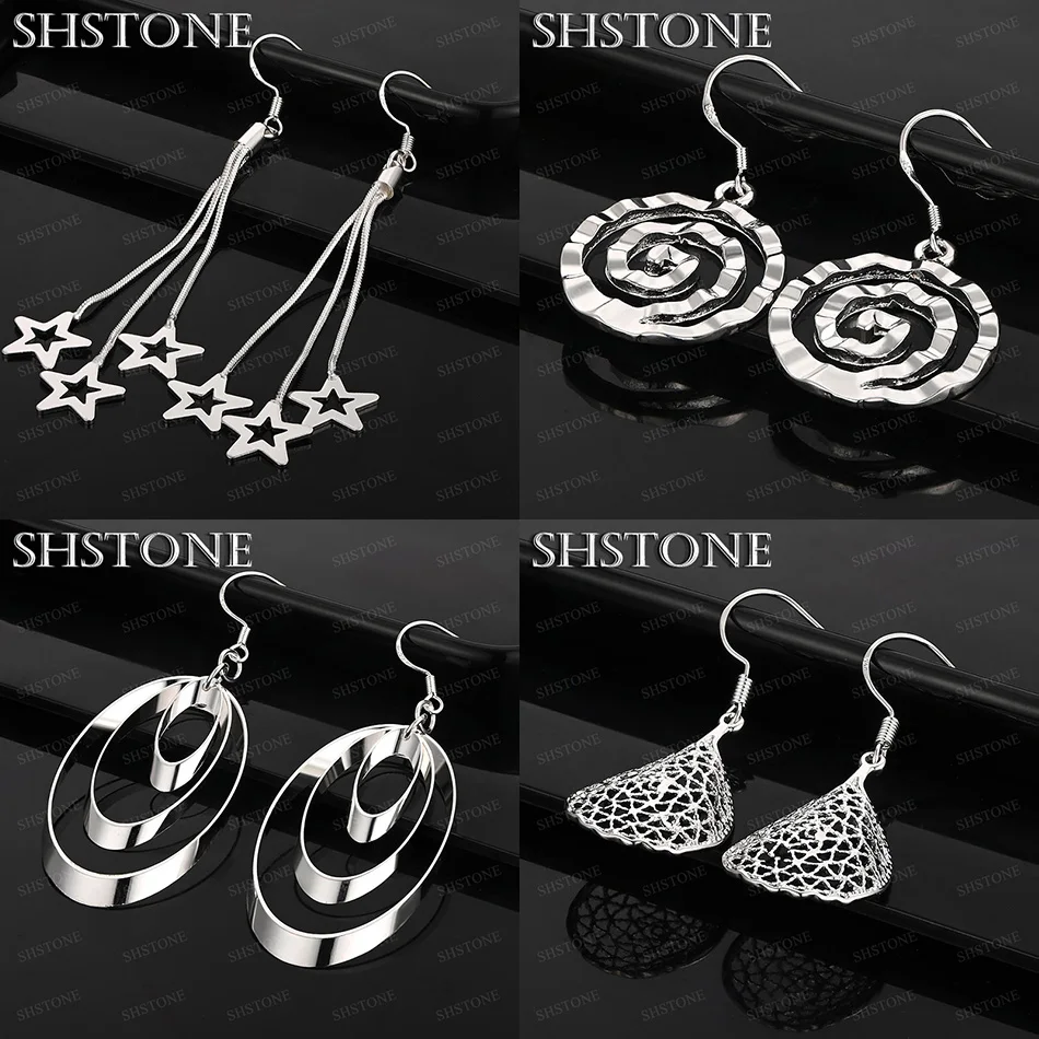 

Lady 925 Sterling Silver Oval Star Spiral Net Shaped Droplet Drop Earrings Trend Jewelry Christmas Party Gift Accessories