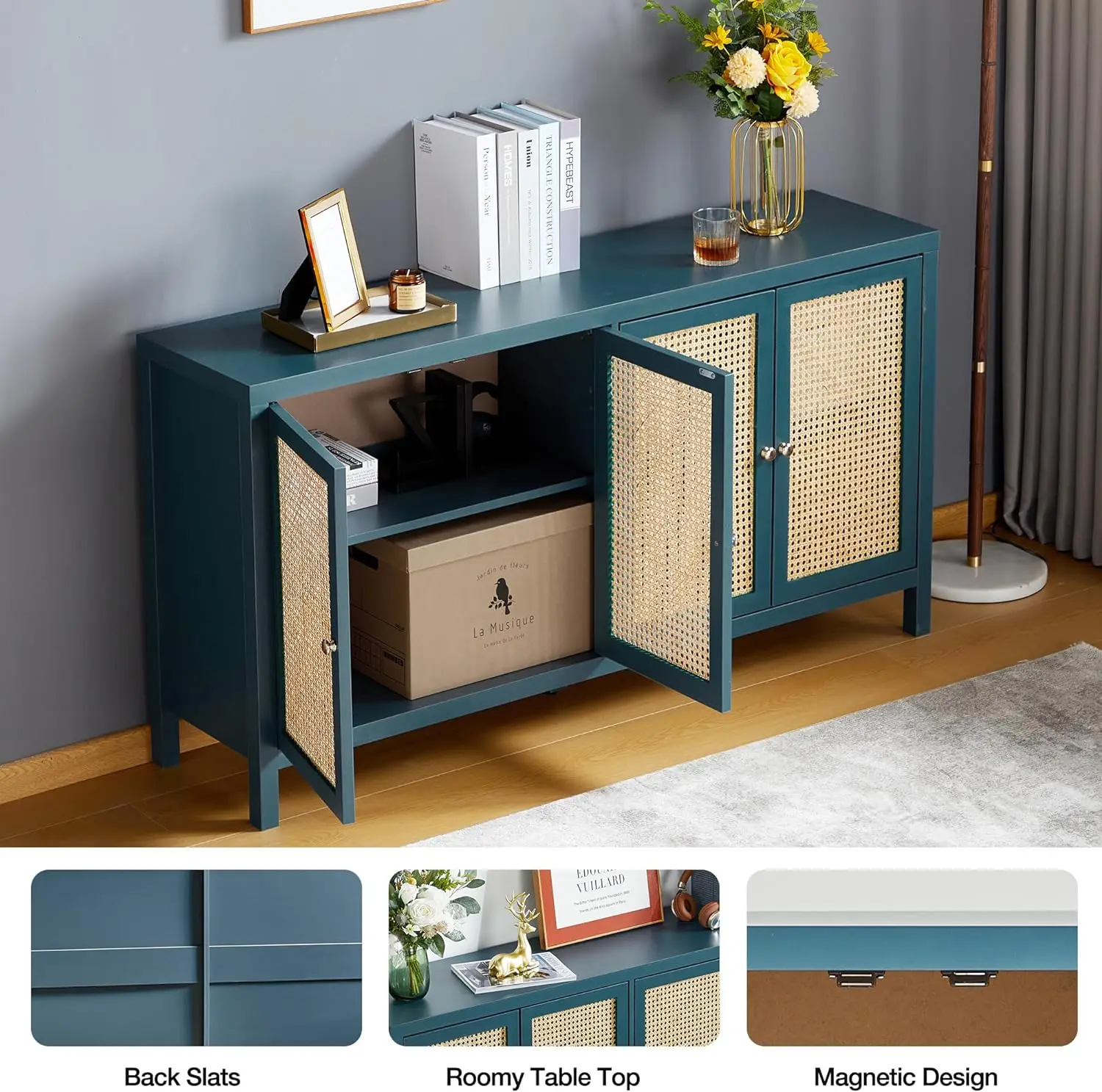 Rattan Sideboard Buffer Cabinet,Accent Storage Cabinet with 4 Rattan Doors, Modern Storage Cupboard Console Table