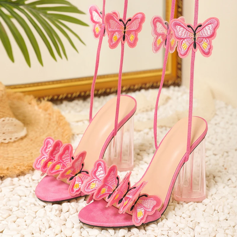 Liyke Sexy Pink Ankle Strap Transparent Strange Heels Sandals Women High Quality Handmade Butterfly Open Toe Party Prom Shoes