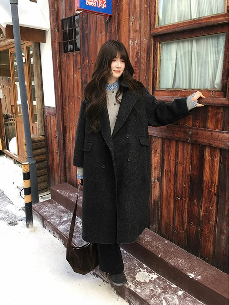 

VOUSALME ey Woolen Coat Women's Long Thiened Over-Knee Korean Sle Commute Loose Fit Long Sve Double-Breasted Coat