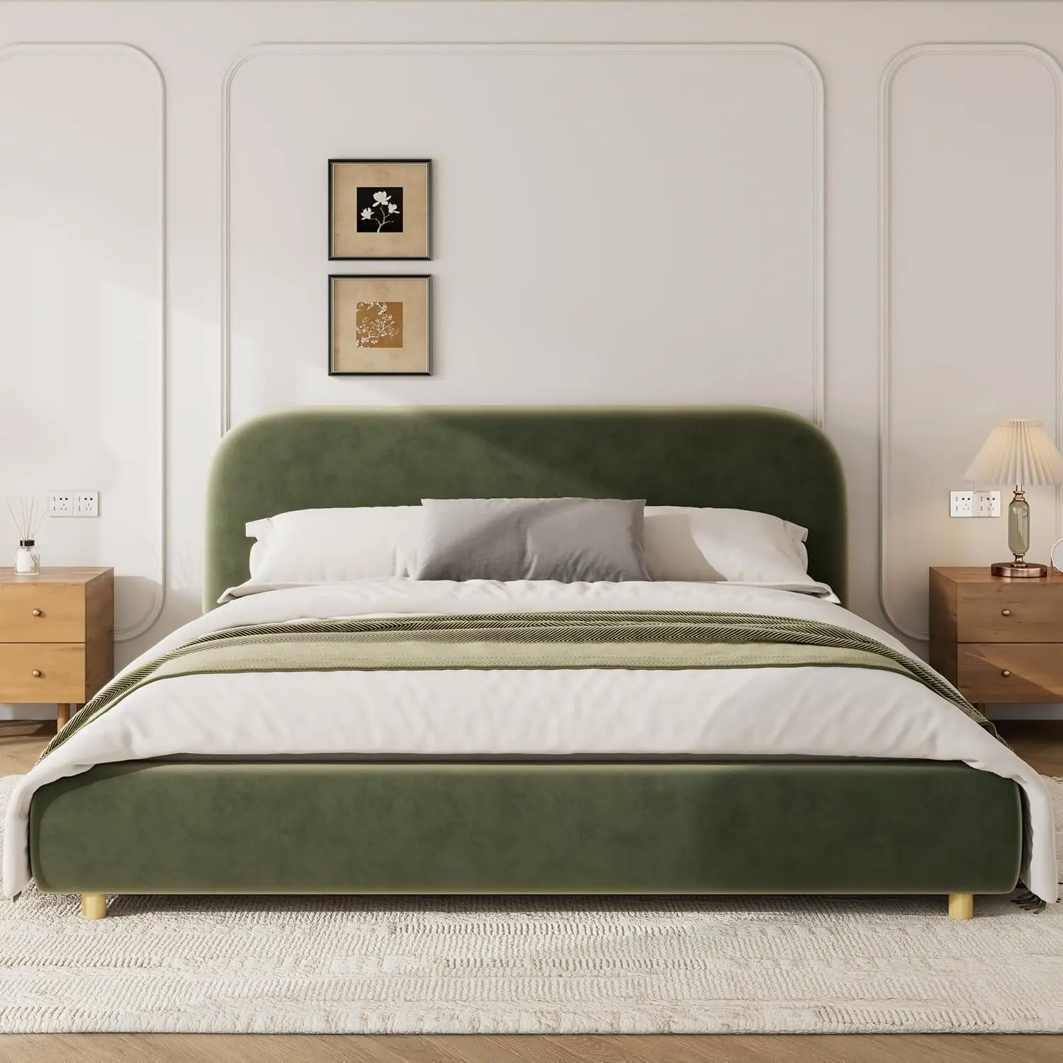 Hazel King Size Velvet Bed, Upholstered King Size Platform Bed, Wooden Frame, Soft Velvet Headboard, Slats Panel, Customized