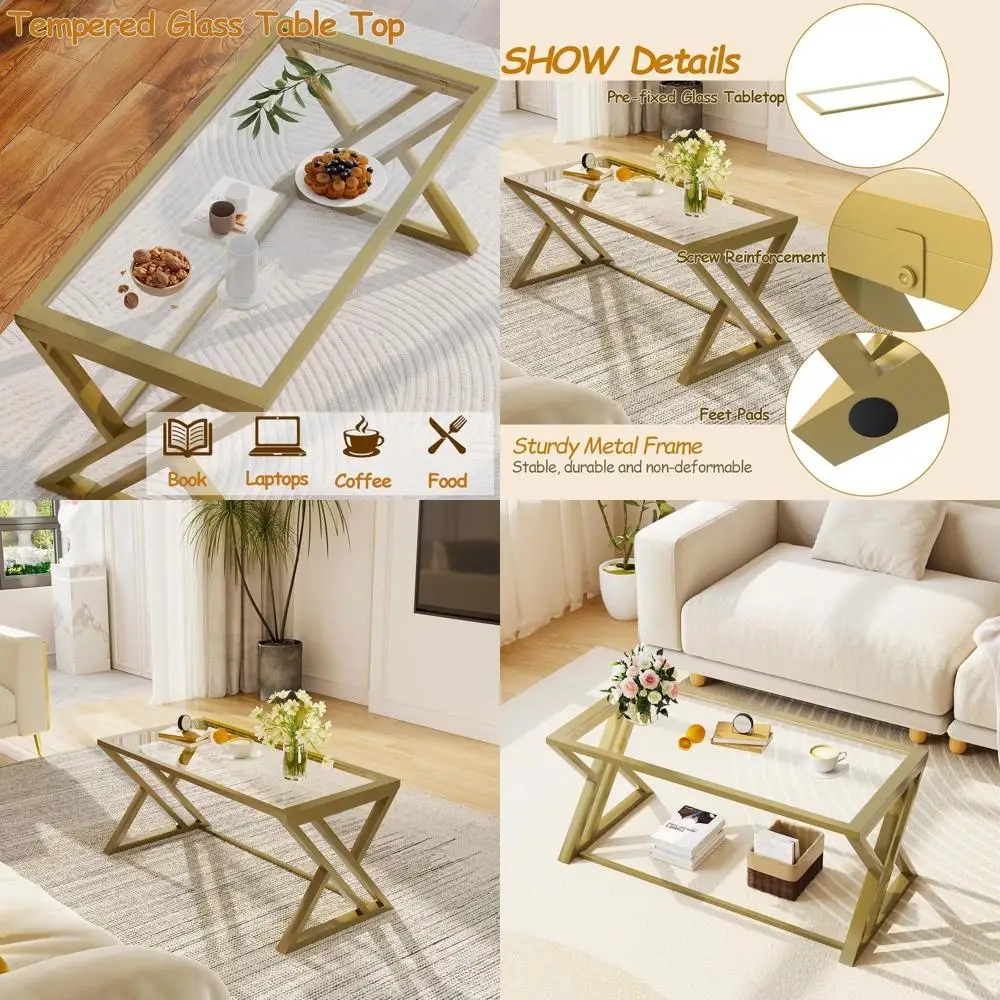 

Modern Rectangular Glass Coffee Table with Metal Frame for Living Room, Tempered Glass Center Table for Home and Office Use