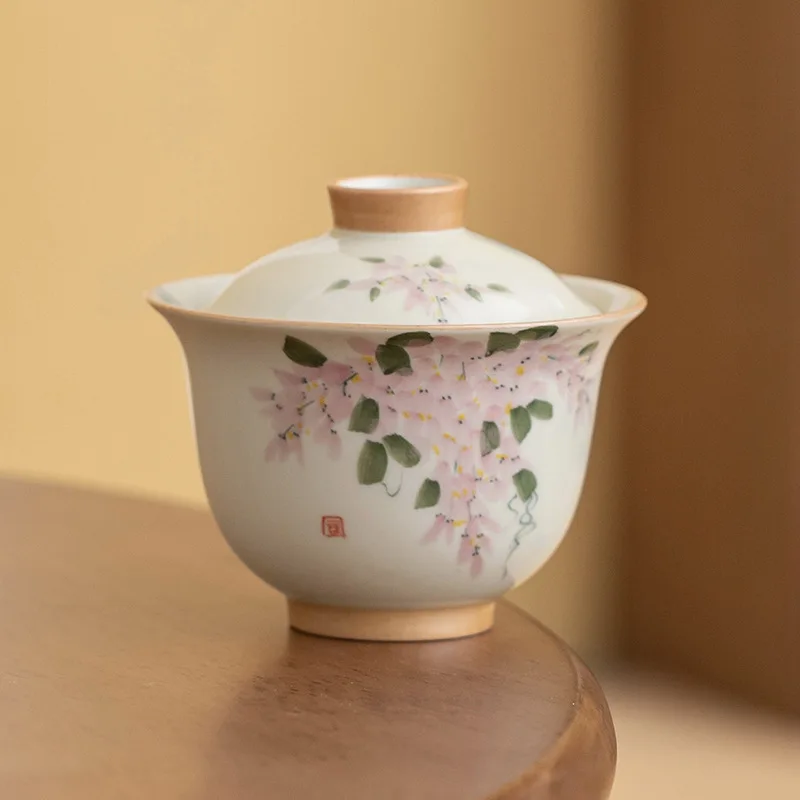 Hand-painted Wisteria Flower Two Only Cover Bowl Ceramic Home Under Glaze Color Kung Fu Tea Set Small Tea Bowl Literati