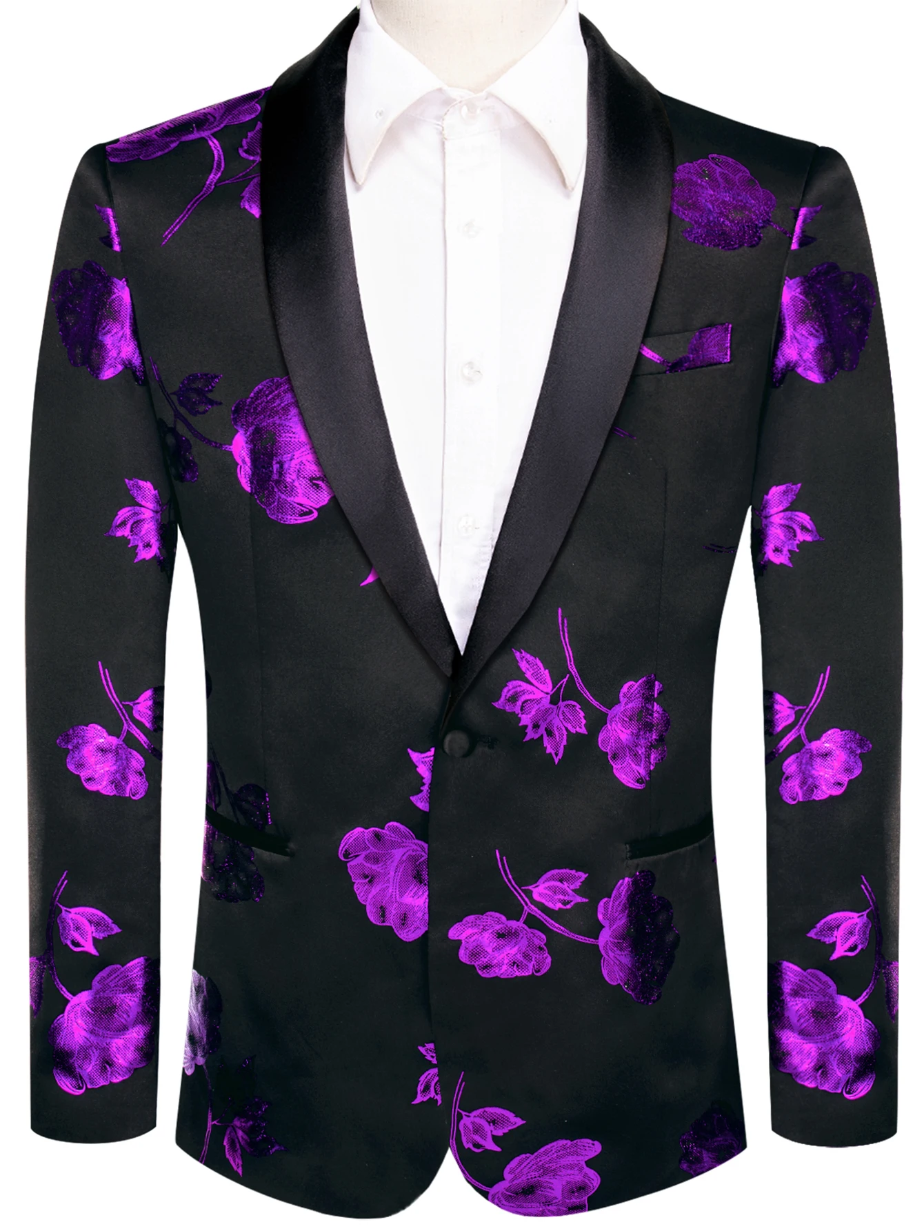 

Vintage Men's Black Purple Floral Print Shawl Lapel Blazer Jacquard Tuxedo Jacket Formal Suit Coat for Wedding Prom Groom
