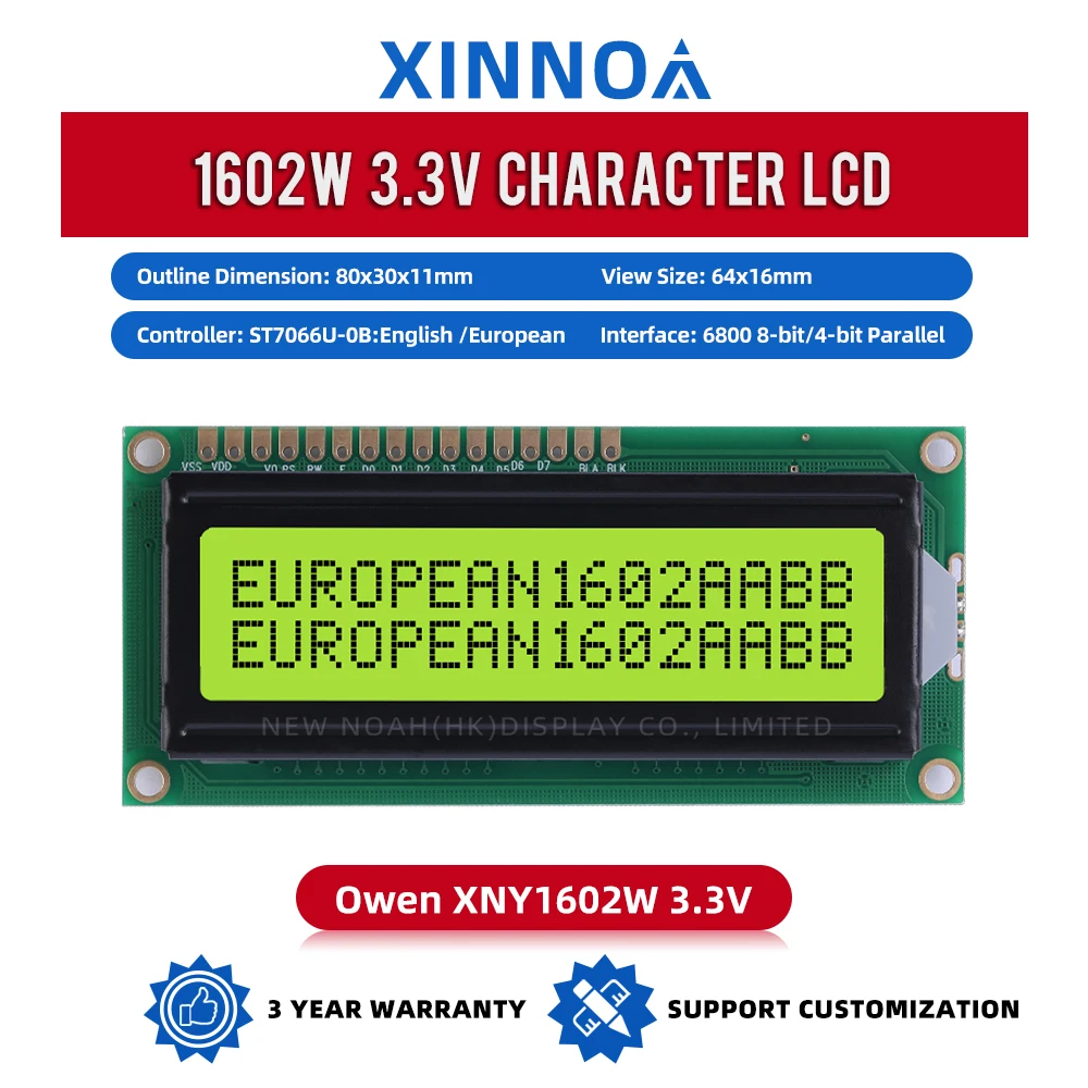 European Yellow Green Film 1602W 3.3V Character LCD Module Display Screen 2X16 1.6 Inches 64*16MM ST7066U Full Perspective