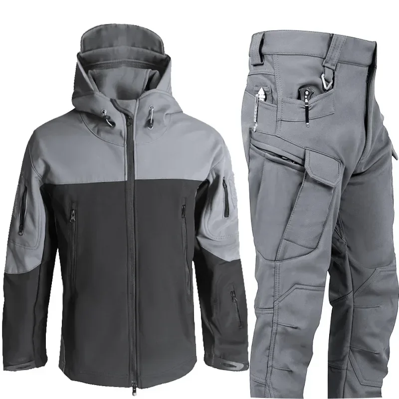 New Splicing Second-generation Anti-shark Skin Feel Jacket Pants Set Fleece Waterproof Soft Shell Jacket Set