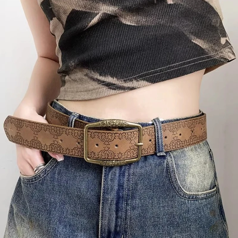 Retro Pattern Print PU Lether Belts for Women Brown Hip Hop Luxury Designer Waist Belt  American Leather Belt Fashion Waistband