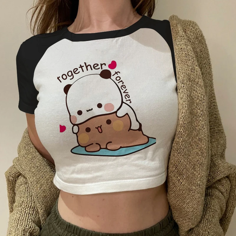 Cartoon Panda Bear Bubu e Dudu T Shirt donna Top Kawaii stampato Harajuku Ullzang Tees o-collo Anime femminile Crop Top estate