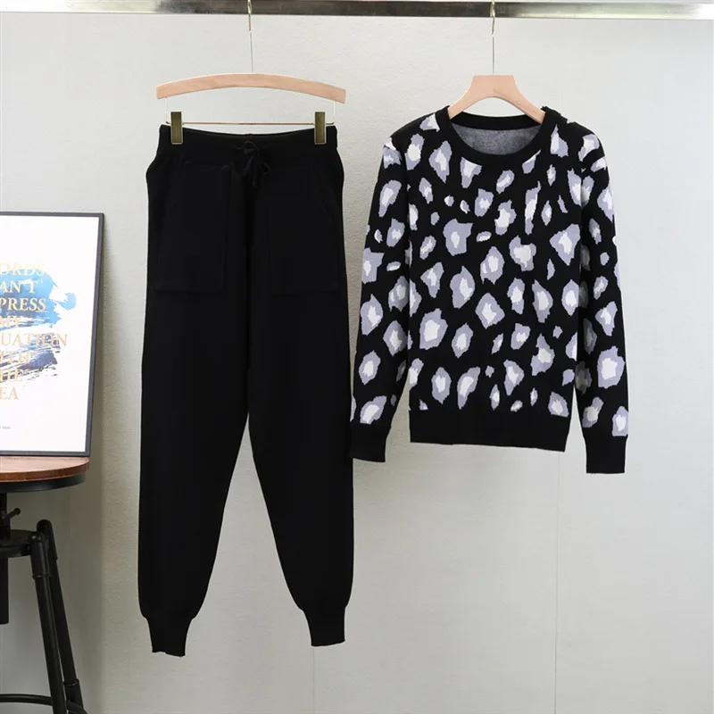 

Muslim Knit Suit Women Two Piece Sets Pullover Leopard Sweater Knitted Tracksuit Sweatpants Sport Outfits Knitwear Autumn 2025