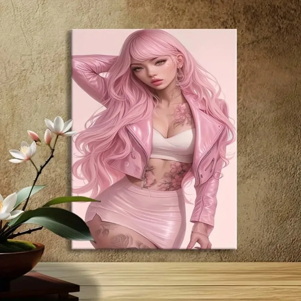 HD Metal Tin Sign Stunning Pink Hair Tattooed Girl in Pink Leather Jacket Wall Art Retro Metal Plaque for Man Cave Decor 8x12 In