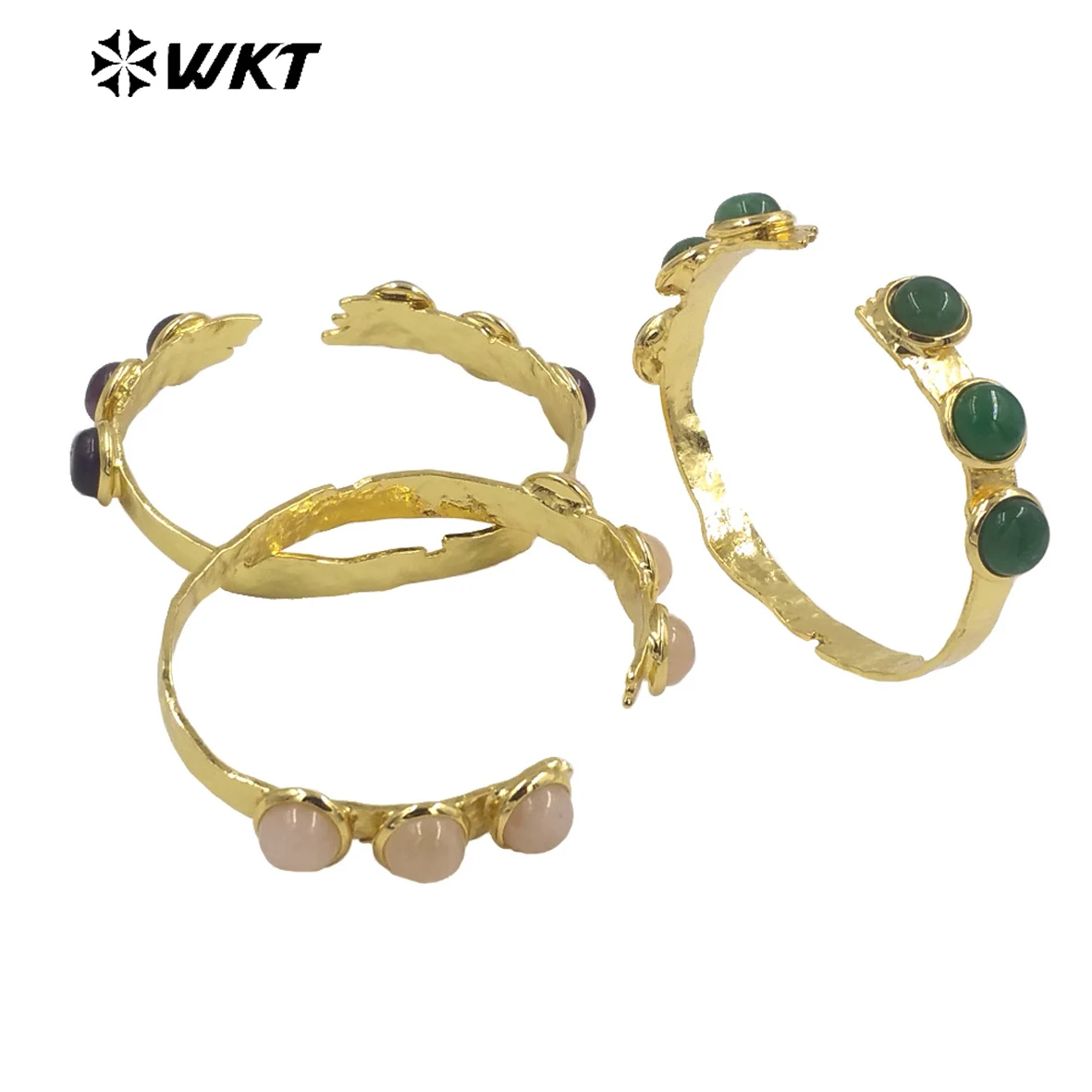 WT-B632 Amazing WKT SIX stone setting Amethyst cuff bangle 18K Gold plated natural green chalcedony stone bracelet bangle