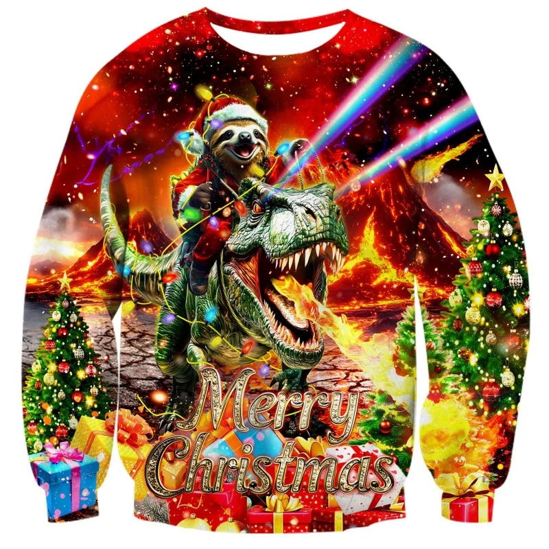 

Santas Reindeer Pattern Sweatshirts For Men Women Dinosaur Cat 3D Print Pullover Festival Party Hoodies Long Sleeves O-Neck Tops