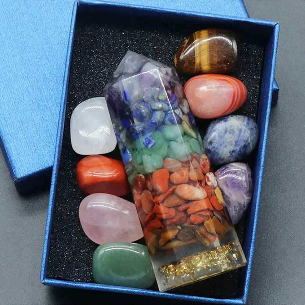 Healing Crystals in Resin Points Wands for Reiki 7 Chakra Tumbled Stone Mediation Therapy Ornament Set