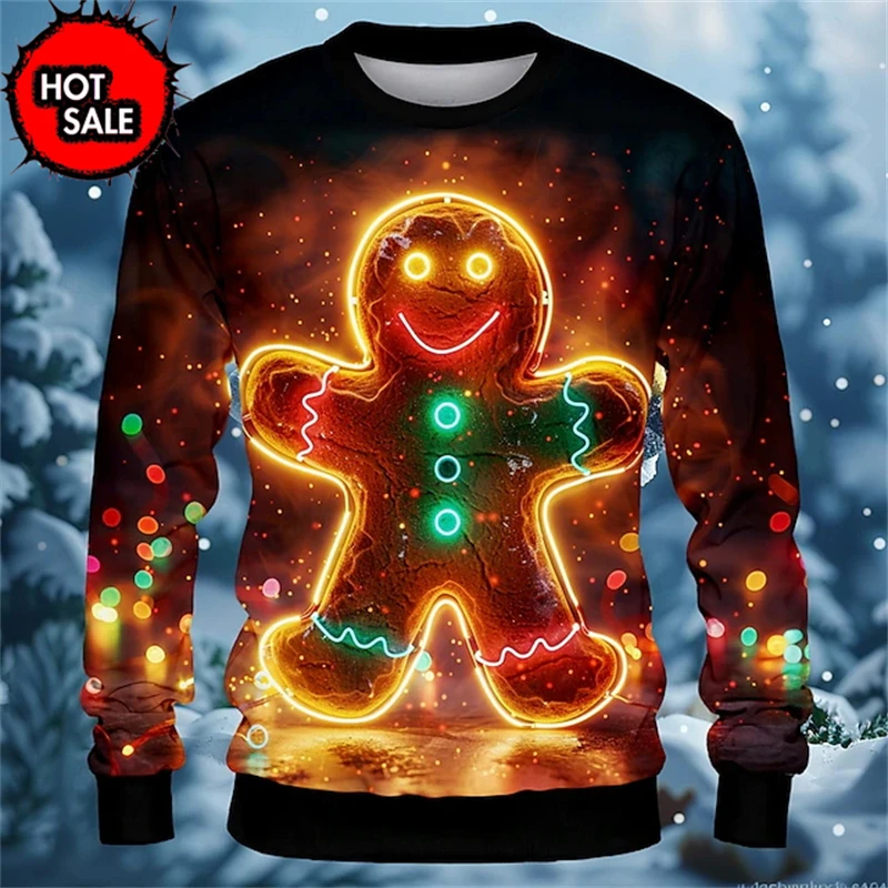 Gingerbread Man 3D Printing Sweatshirts Men Happy Christmas Graphic Round Collar Pullover Hoodies Funny Ugly Christmas Sweater