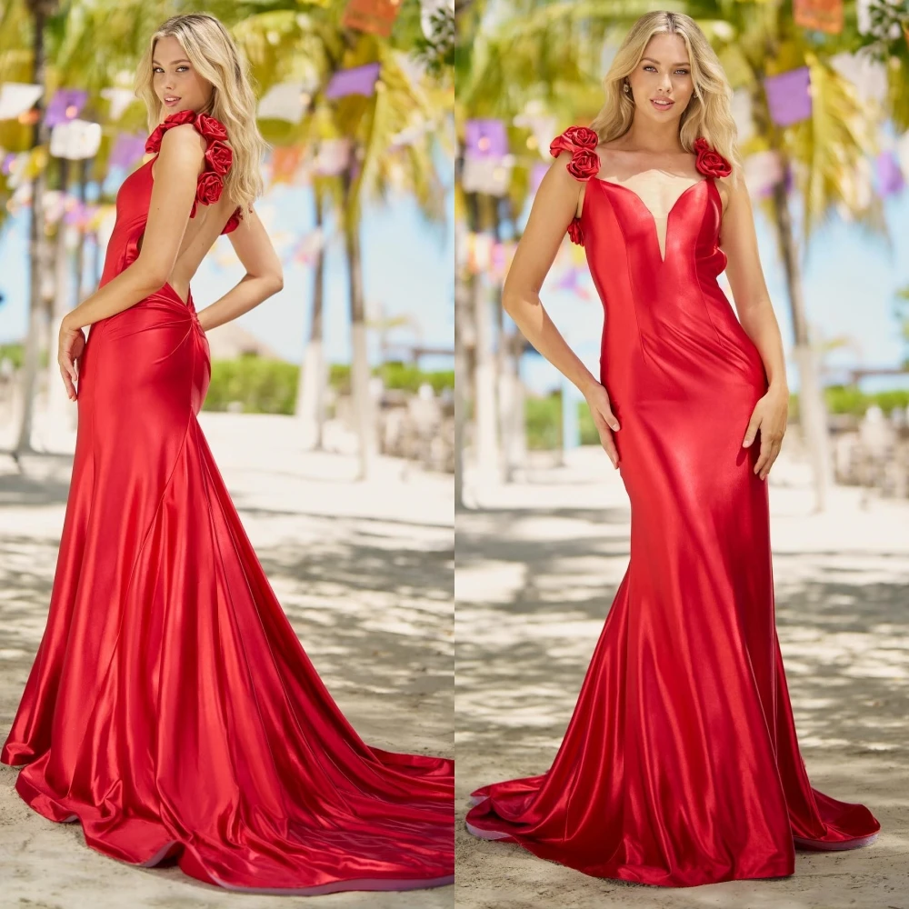 

Mesprit High Quality Exquisite Spaghetti V-neck Mermaid Evening Dresses Fold Contoured Satin Custom Dress