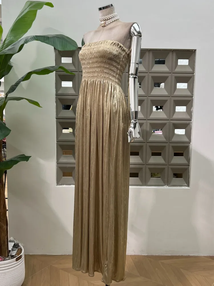 DFDG Women’s 2025 Summer Elegant Evening Dress Smocked Bustier A-Line Maxi Designer Party Gown Luxury Formal Attire Dress