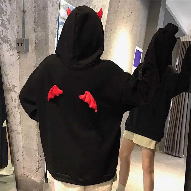 Winter Korean Harajuku Hoodies Devil Horns Gothic Hooded Sweatshirts Women Demon Fly Wings Baggy Pullovers Tops Y2k Streetwear