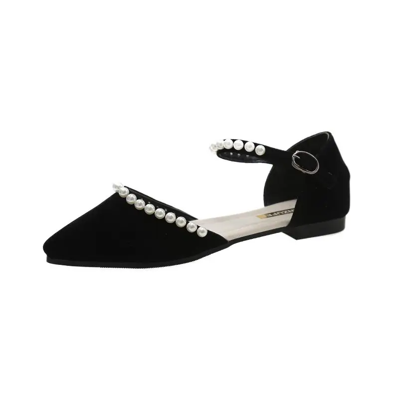 

2026 Spring Summer Flat Shoes Woman Pointed Toe Pearl French Sandals Sweet Girls Beaded Empty Side Sandals Casual Shoes