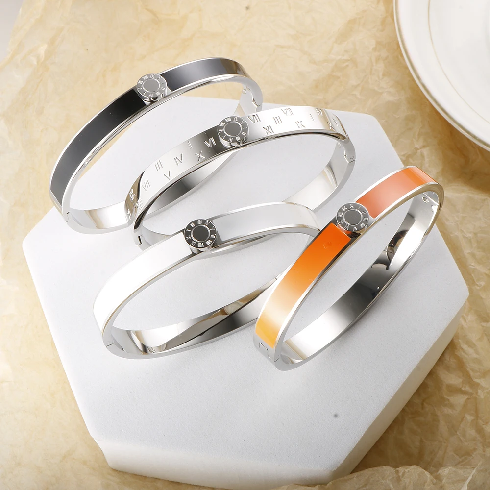 Enamel Roman Numerals Bangle Bracelet Stainless Steel Gold Color Black Colorful for Women Men Couple Fashion Simple Jewelry Gift
