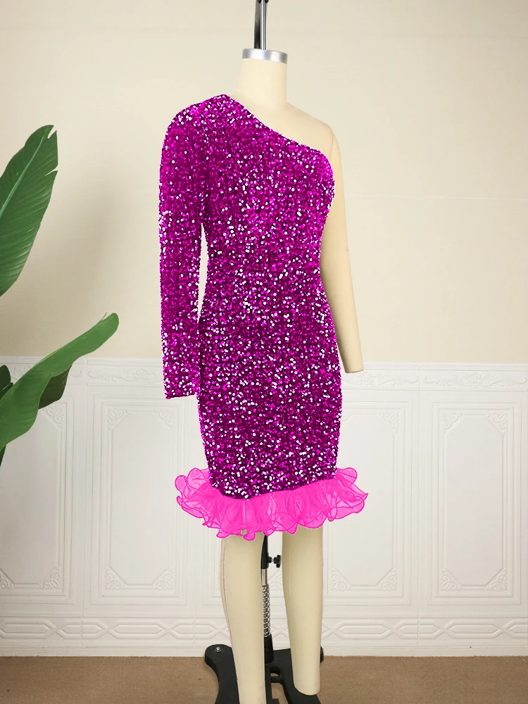 Plus Size Pink Sequin Dress Long Sleeve Bare Shoulder Velvet Short Gowns Cute Elegant Women Birthday Party Club Christmas Outfit