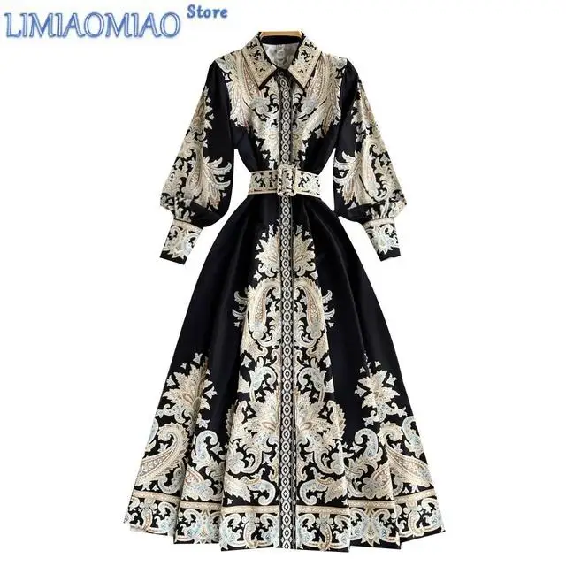 New Paisley Printing Vintage Turn-Down Collar Lantern Sleeve With Belt Women's Dress Korean Fashion Mid-Calf- Dresses For Women