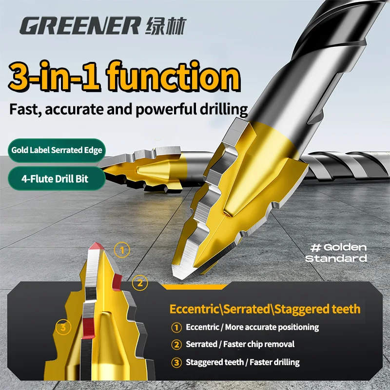 GREENERY 6-12mm Four Edged Serrated Eccentric Drill Bit Super Hard for Tile Glass Ceramic Concrete Marble Metal Dry Drilling