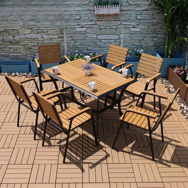 

Outdoor simple casual multi-person dining table wood waterproof sunscreen table chair combination furniture