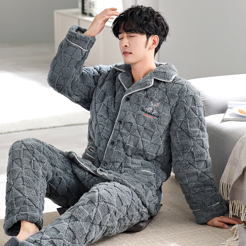 Winter plush velvet quilted men's pajamas cardigan lapel three-layer thick cotton-padded men's home clothing warm pijamas hombre