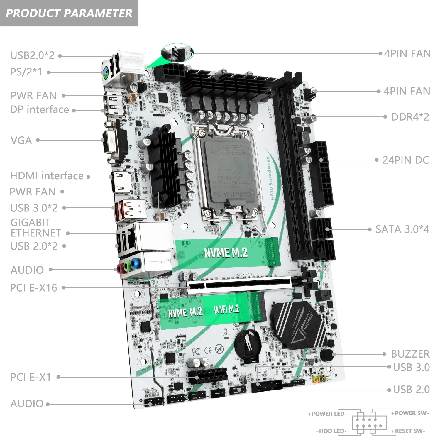 MACHINIST H610 Swordsman Motherboard LGA 1700 Support DDR4 RAM Memonry SSD M.2 Intel Core 12 13 Gen CPU 12600F 12700F 13600F