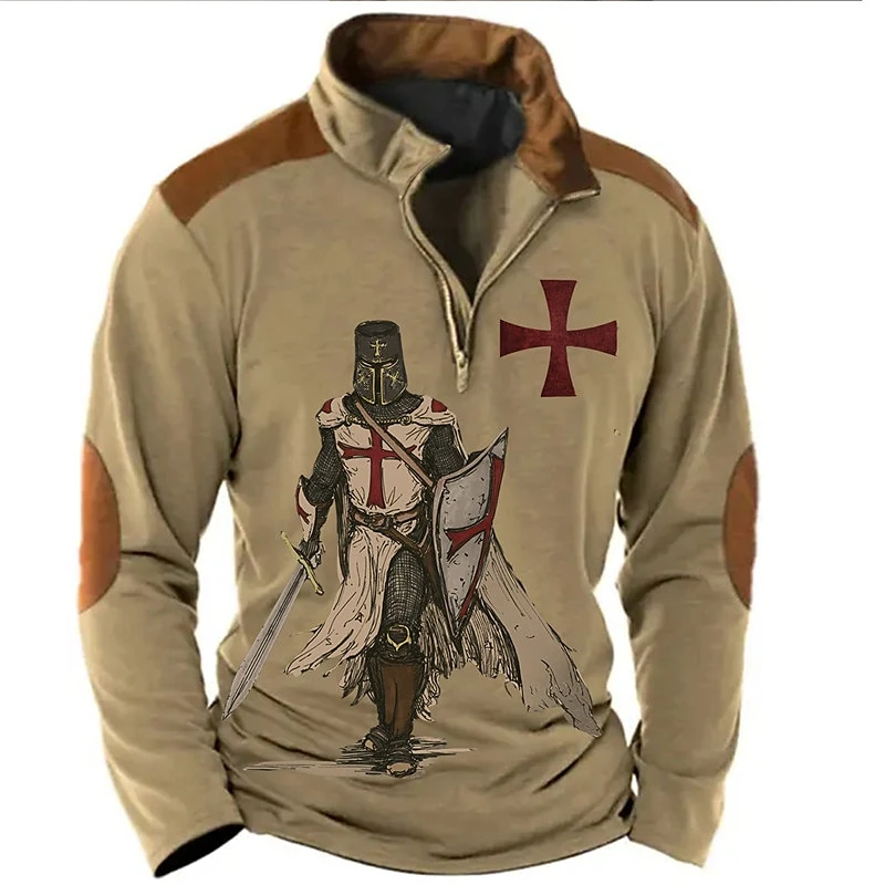 

Fashion Crusader Knights Printed Stand Collar Shirts For Men Retro Classic Top Autumn Half Zip Long Sleeve Sweatshirt Streetwear