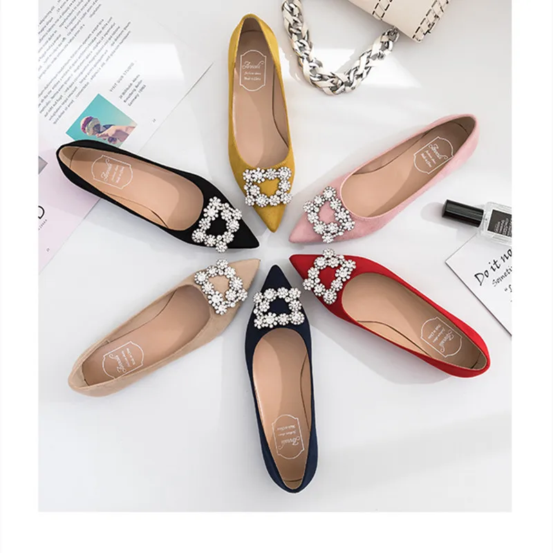 Cinderella Snow Crystal Buckle Wedding Shoes In Yellow Red Royal Blue Pointy Toe Flock Bride Flats For Dress 2024 New Arrivals