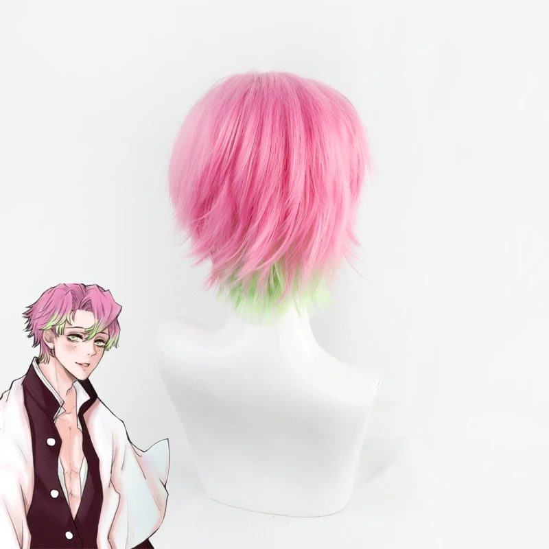 Peruka do cosplayu Kanroji Mitsuri z Kimetsu No Yaiba, krótka, różowo-zielona, syntetyczna, dla mężczyzn + darmowy czepek pod perukę