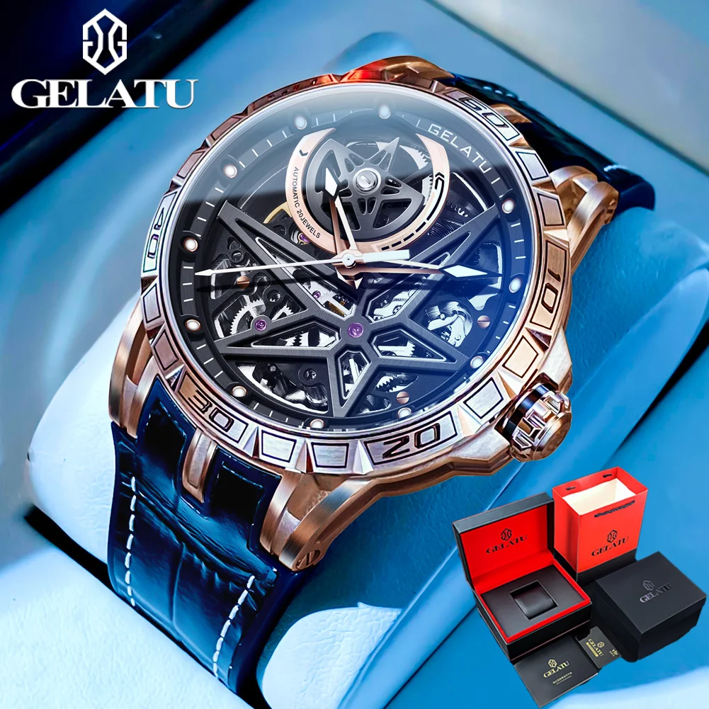 

GELATU Men's Automatic Mechanical Wrist Genuine Leather Strap Luxury Skeleton Large dial Waterproof Sapphire Mirror Men's Watch