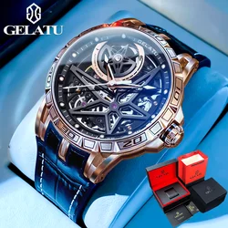 GELATU Men's Automatic Mechanical Wrist Genuine Leather Strap Luxury Skeleton Large dial Waterproof Sapphire Mirror Men's Watch