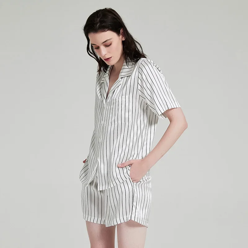 19momme 100% Mulberry Silk Short Sleeve Shorts Pajamas Women's Striped Casual Loungewear Summer Lapel Pajama Sleepwear Nightwear