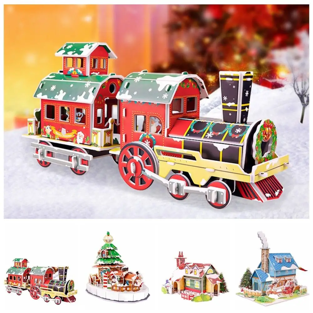 Puzzle 3D de maison de Noël pour enfants, arbre de Noël, train, carte en papier, blocs de construction d'assemblage faits à la main, jouet modèle