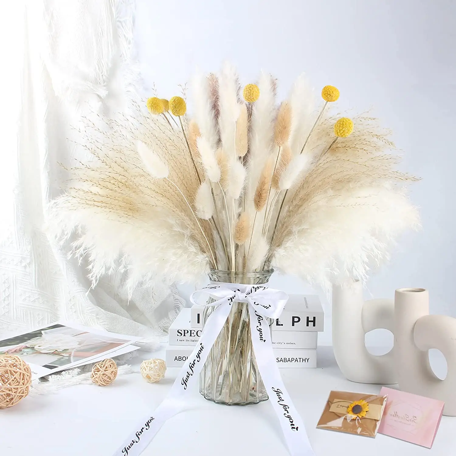 

60 PCS Fluffy Dried Reed Bouquet Rustic Farmhouse Party Table Garden Home Decor Father's Day Wedding Birthday Arrangement