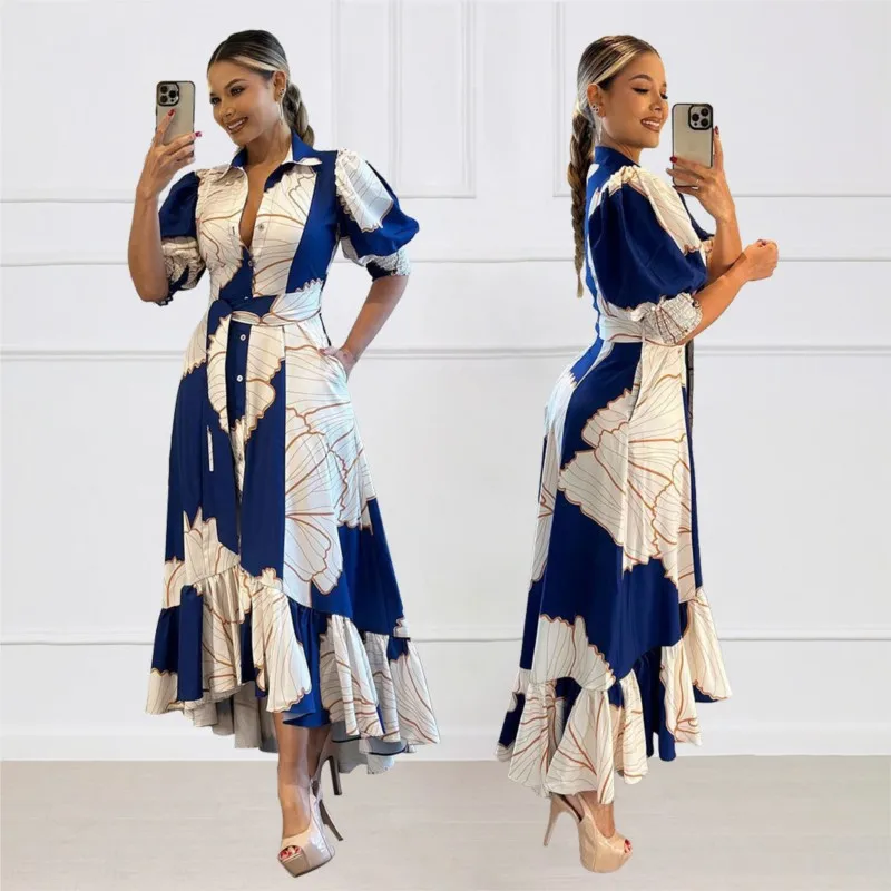 

Spring Floral Printed Button Cardigan Irregular Shirt Dresses Women Single Breasted Ruffles Hem Female Vintage Beach Maxi Dress